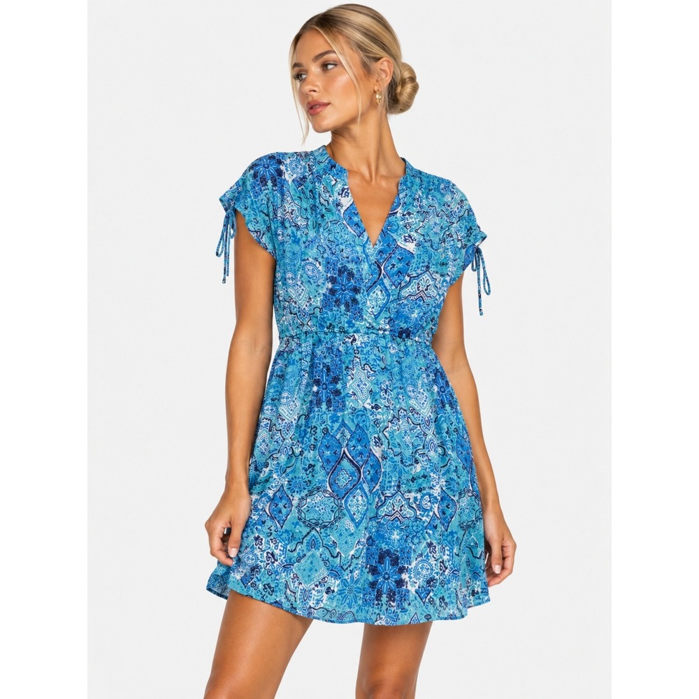 Ralph Lauren Blue Paisley V-Neck Cover Up Dress 2X 2XL Short Sleeve